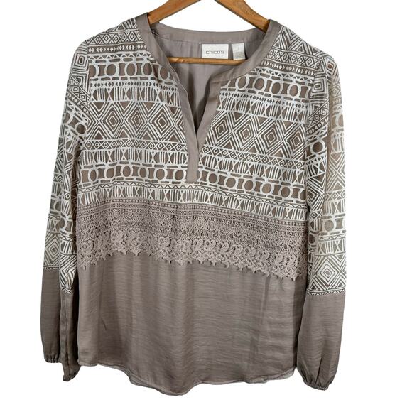 Chico's Women's Medium Tunic Textured Boho Heirloom Trim Casual Lightweight Top - Picture 1 of 10